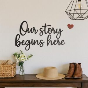 Our Story Begins Here Wooden Sign - Cursive Plywood Wall Decor