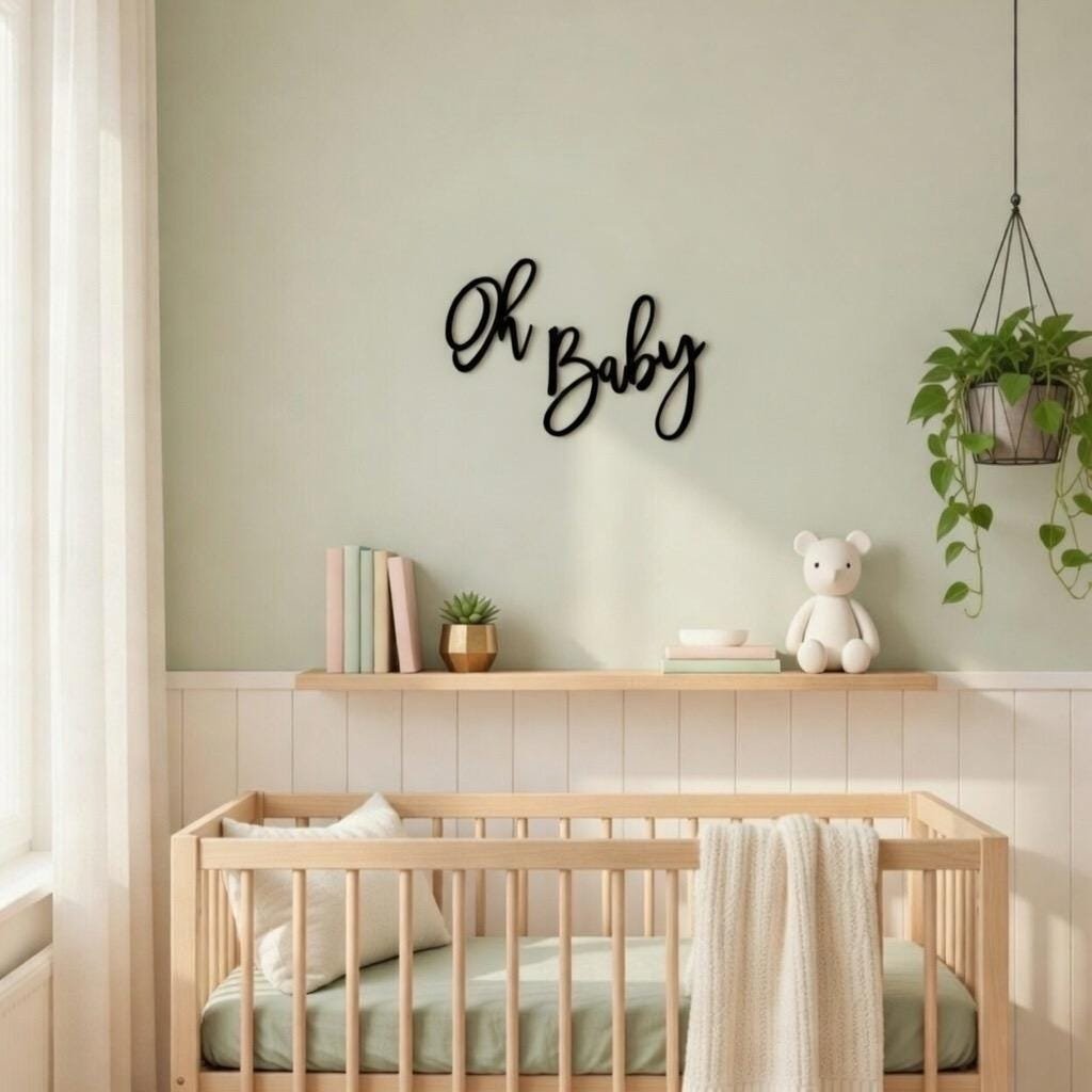 Oh Baby Wooden Wall Sign • Plywood Nursery Decor • Baby Room Wall Art • Scandinavian Nursery Sign • Black White Natural Wall Hanging - Image 5