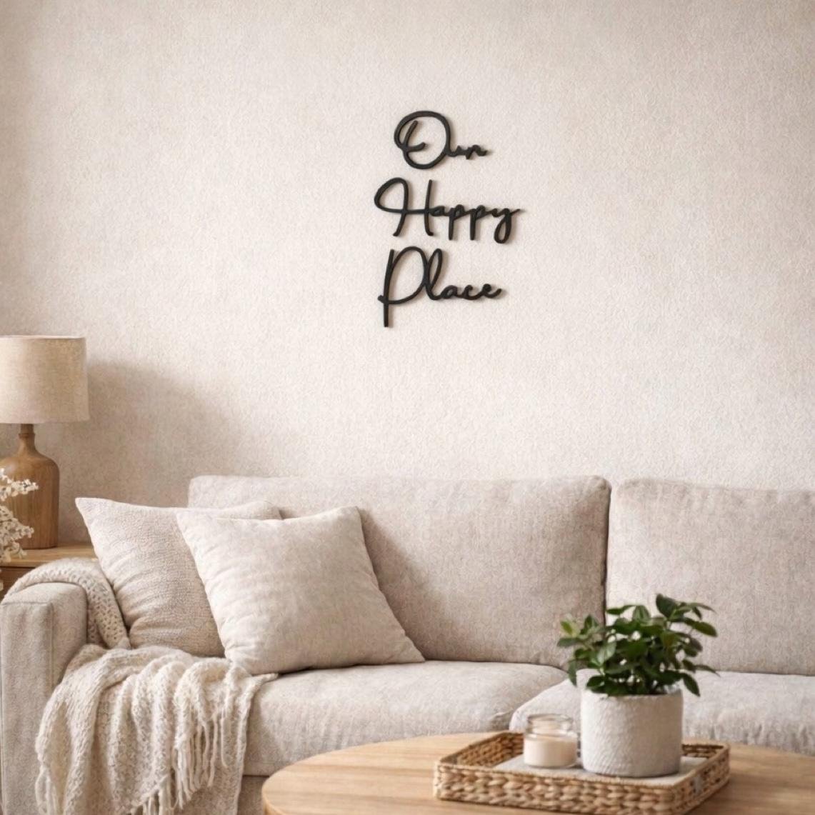 Our Happy Place Wooden Wall Sign • Plywood Home Decor • Living Room Wall Art • Modern Rustic Sign • Black White Natural Wall Hanging - Image 2