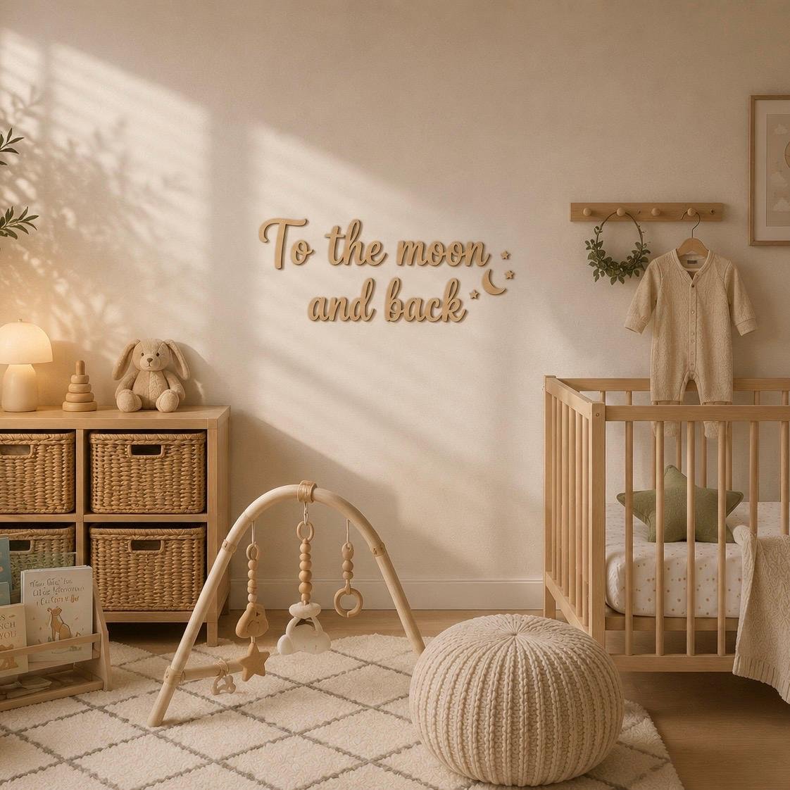 To the Moon and Back Wooden Wall Sign • Plywood Nursery Decor • Kids Room Wall Art • Scandinavian Quote Sign • Black White Natural - Image 5