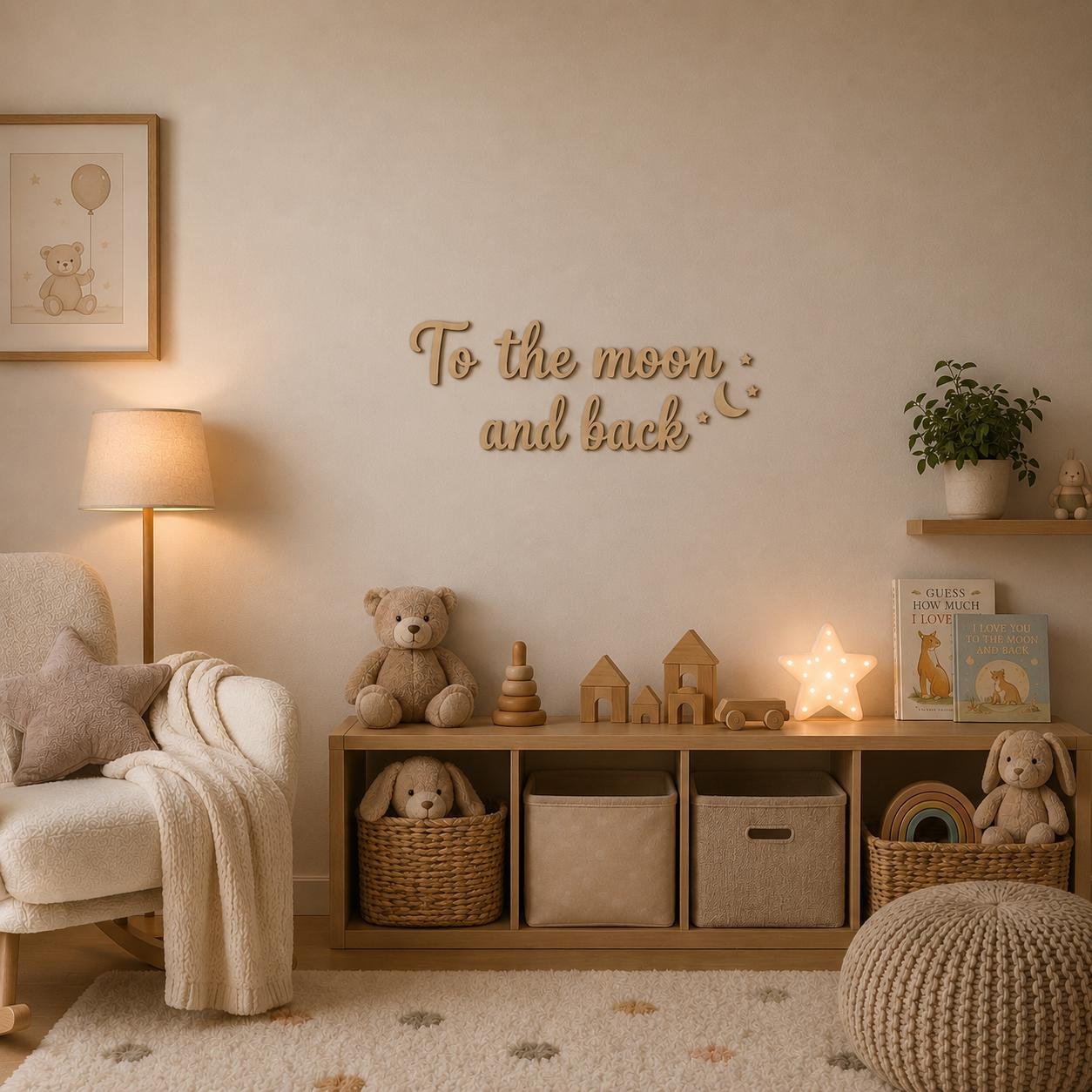 To the Moon and Back Wooden Wall Sign • Plywood Nursery Decor • Kids Room Wall Art • Scandinavian Quote Sign • Black White Natural