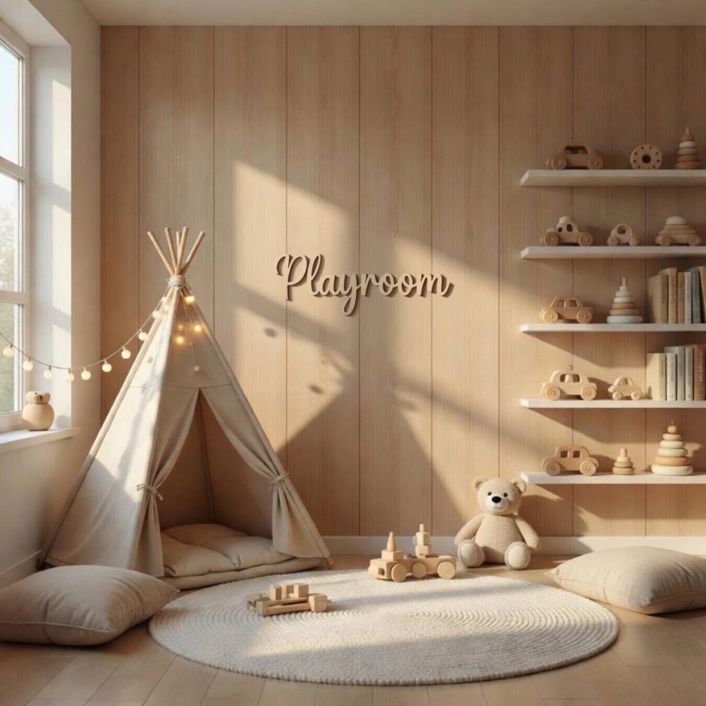 Playroom Wooden Wall Sign • Plywood Kids Room Decor • Scandinavian Play Space Wall Art • Minimalist Nursery Sign • Black White Natural - Image 3