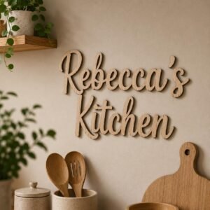 Custom Wooden Name Sign • Personalised Plywood Wall Decor • Custom Script Word Sign • Nursery Home Decor • Black White Natural.