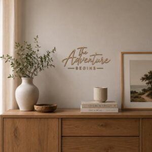 The Adventure Begins Wooden Wall Sign • Plywood Home Decor • Modern Script Wall Art • Wedding Nursery Quote Sign • Black White Natural
