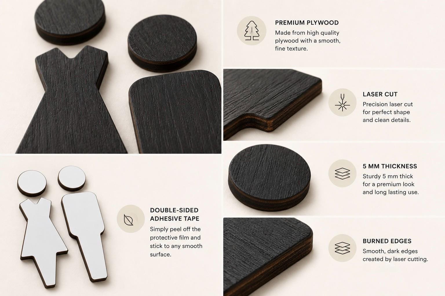 Wooden Toilet Sign | Plywood Restroom Symbols | Minimalist WC Door Sign | Black, White or Natural Colour | Scandi Bathroom Decor - Image 8