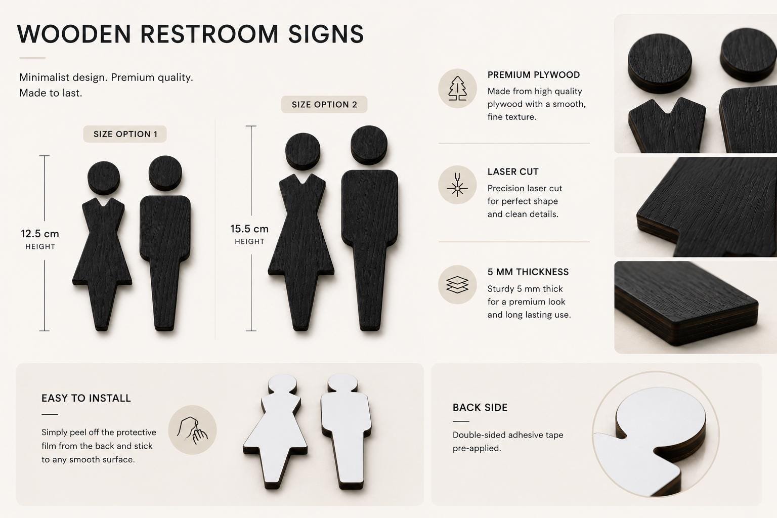 Wooden Toilet Sign | Plywood Restroom Symbols | Minimalist WC Door Sign | Black, White or Natural Colour | Scandi Bathroom Decor - Image 7