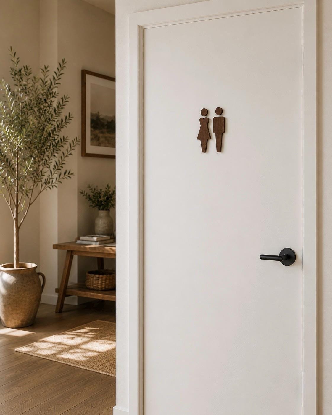 Wooden Toilet Sign | Plywood Restroom Symbols | Minimalist WC Door Sign | Black, White or Natural Colour | Scandi Bathroom Decor - Image 4