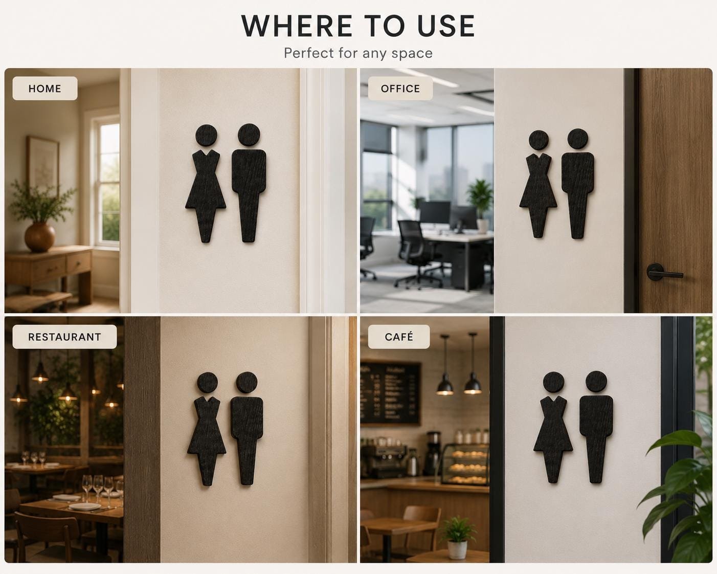 Wooden Toilet Sign | Plywood Restroom Symbols | Minimalist WC Door Sign | Black, White or Natural Colour | Scandi Bathroom Decor