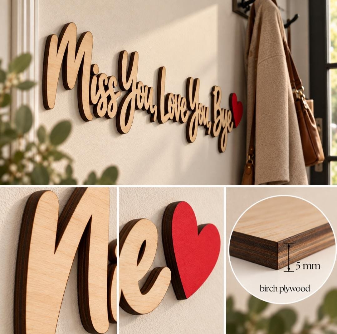 Miss You Love You Bye Wooden Wall Sign – Plywood Home Decor – Hallway Quote Sign – Black White Natural Colour Options – Modern Entryway Deco - Image 5