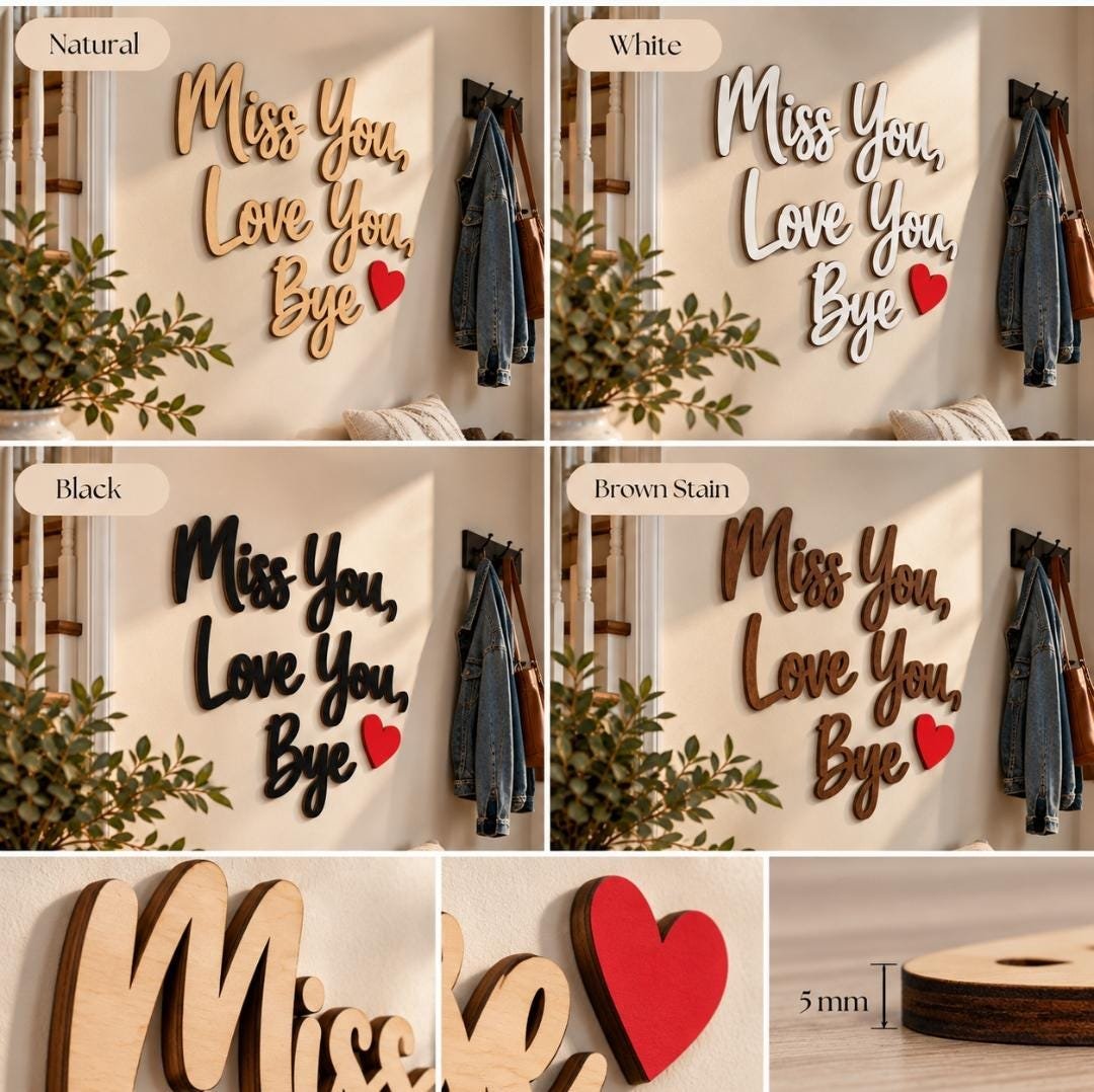 Miss You Love You Bye Wooden Wall Sign – Plywood Home Decor – Hallway Quote Sign – Black White Natural Colour Options – Modern Entryway Deco - Image 3