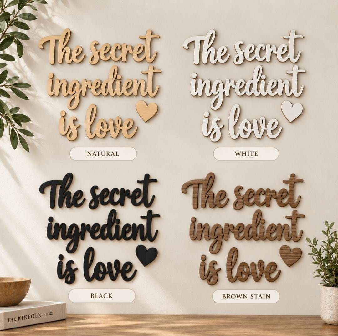 The Secret Ingredient Is Love Wooden Kitchen Sign – Plywood Wall Decor – Black White Natural Colours – Rustic Dining Room Quote Sign - Image 4