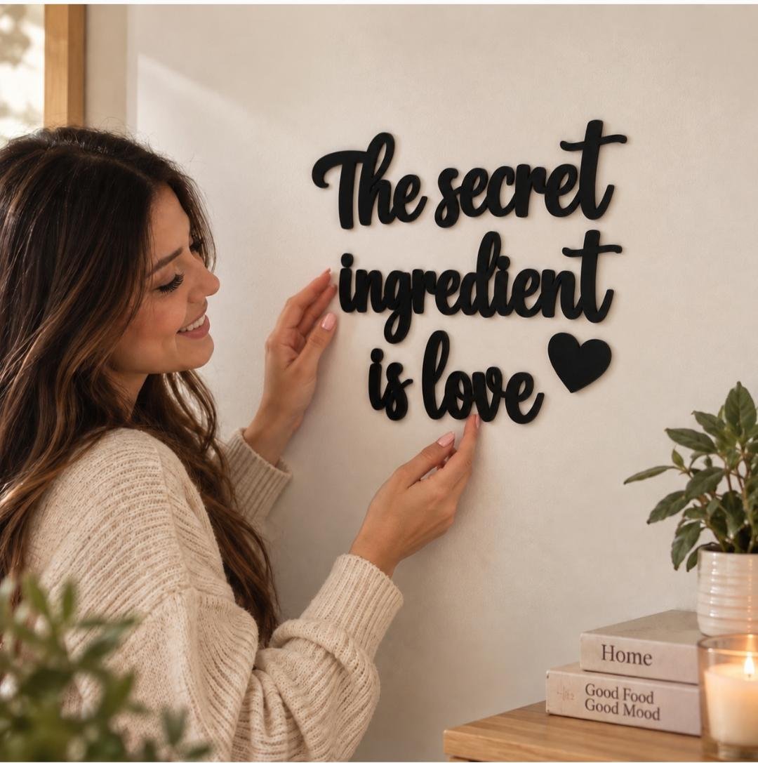 The Secret Ingredient Is Love Wooden Kitchen Sign – Plywood Wall Decor – Black White Natural Colours – Rustic Dining Room Quote Sign - Image 3
