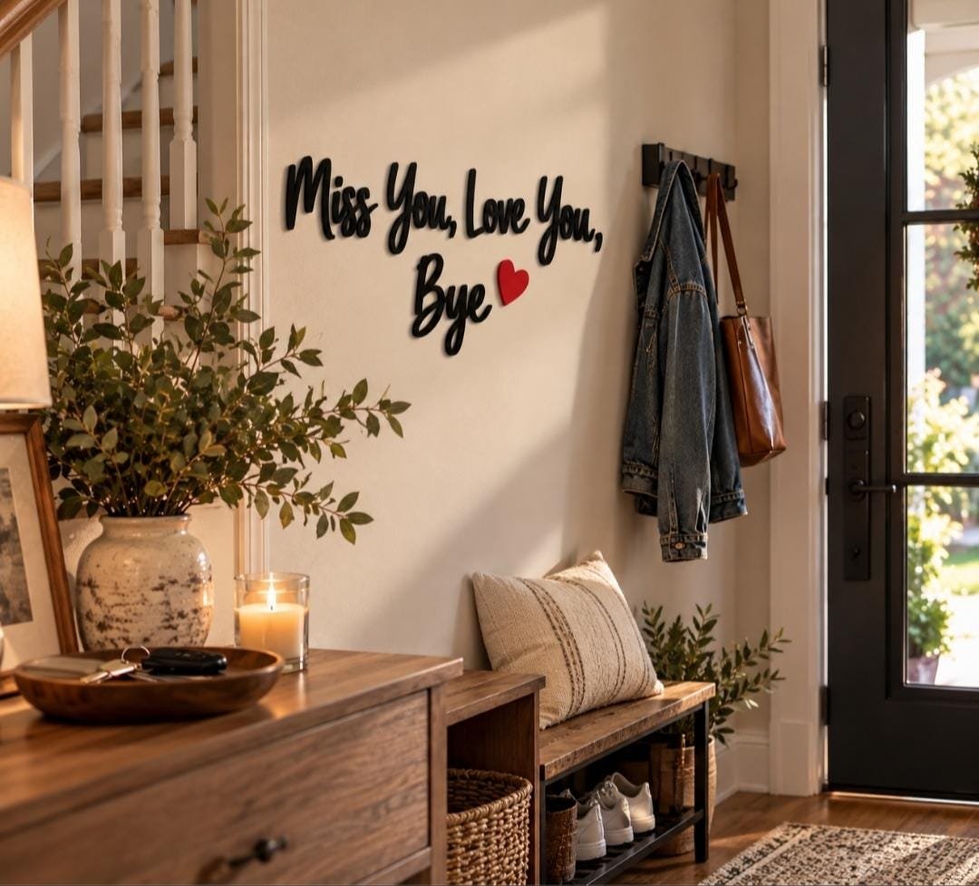 Miss You Love You Bye Wooden Wall Sign – Plywood Home Decor – Hallway Quote Sign – Black White Natural Colour Options – Modern Entryway Deco