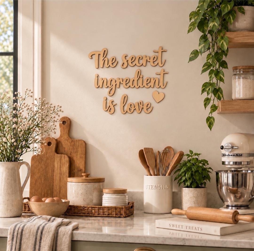 The Secret Ingredient Is Love Wooden Kitchen Sign – Plywood Wall Decor – Black White Natural Colours – Rustic Dining Room Quote Sign